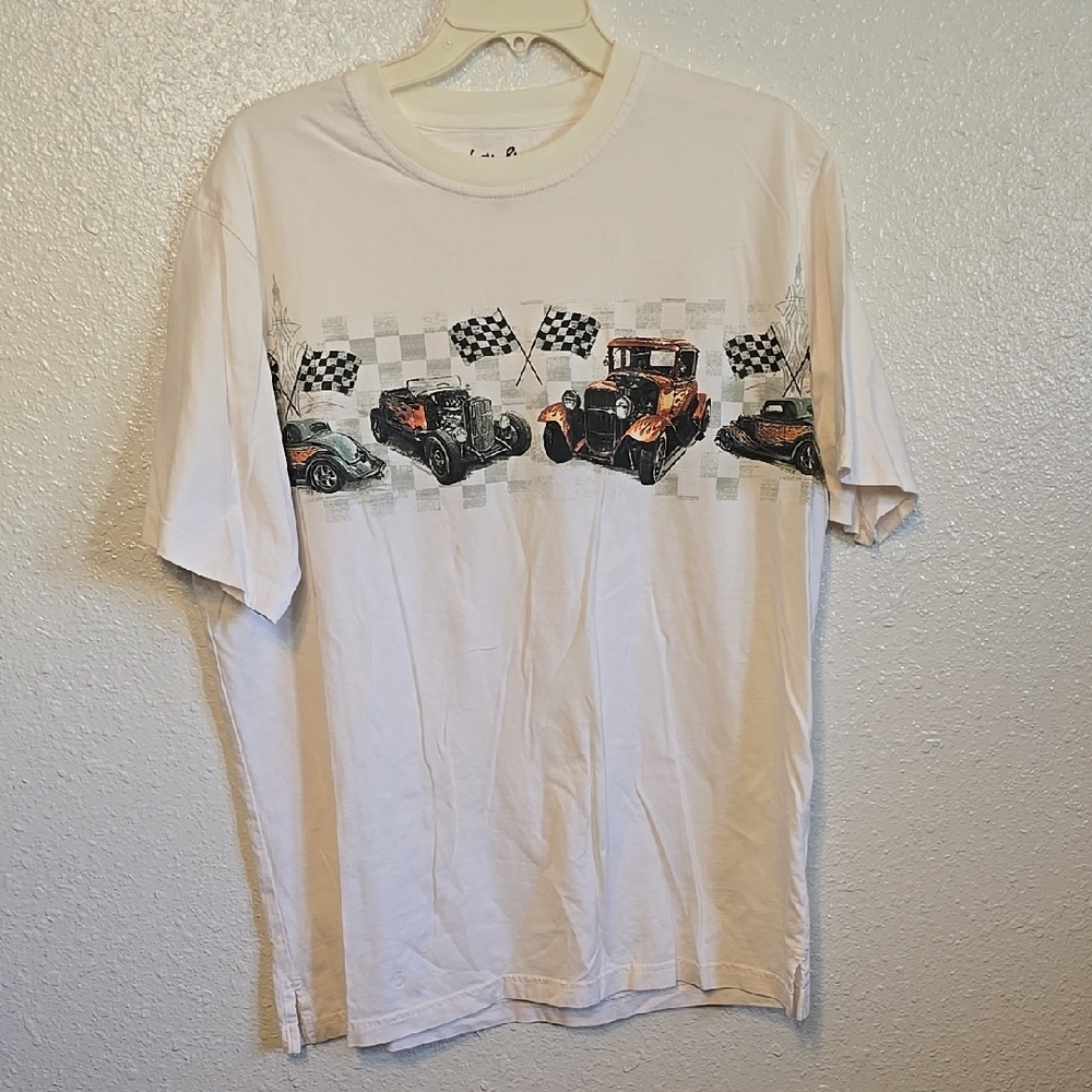 White Short Sleeve Tee with Classic Car Graphic